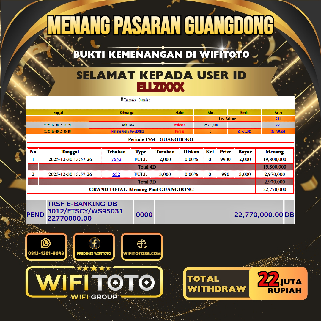 WIFITOTO JACKPOT TOGEL PASARAN GUANGDONG RP.22.000.000.,-LUNAS USER ID : ELLZI***	