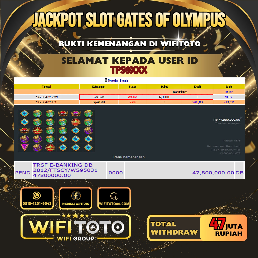 WIFITOTO JACKPOT SLOT GATES OF OLYMPUS RP.47.000.000.,-LUNAS USER ID : TPS9***	
