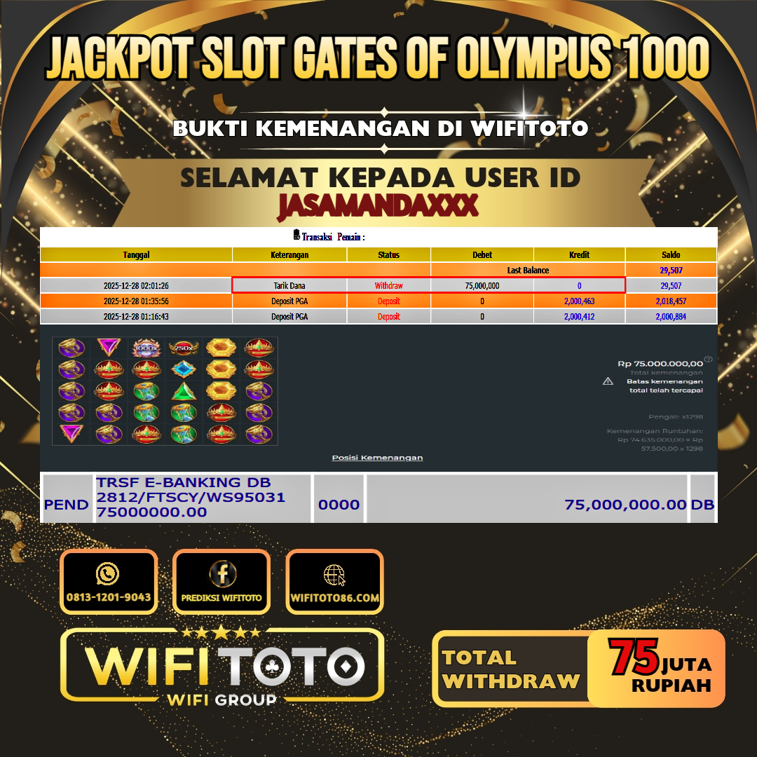 WIFITOTO JACKPOT SLOT GATES OF OLYMPUS 1000 RP.75.000.000.,-LUNAS USER ID : JASAMANDA***	